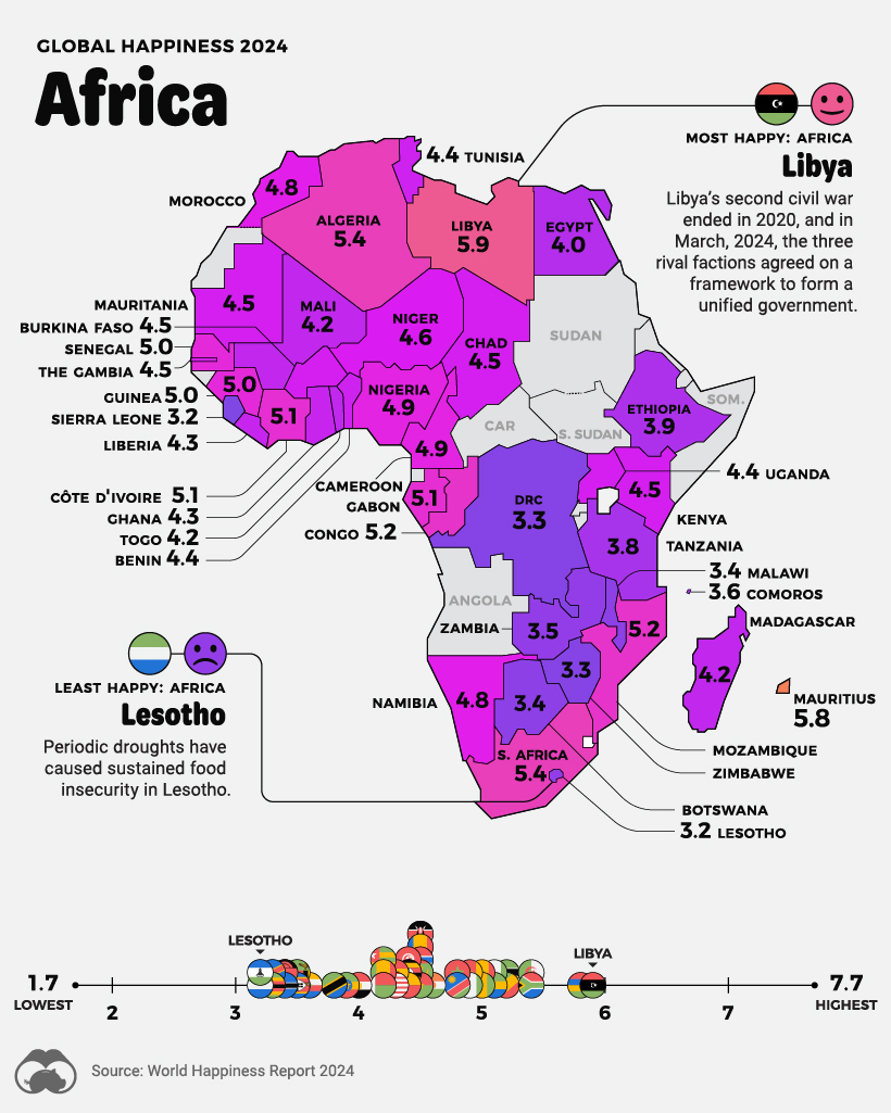 A map of Africa color-coded by the average happiness level in each country.