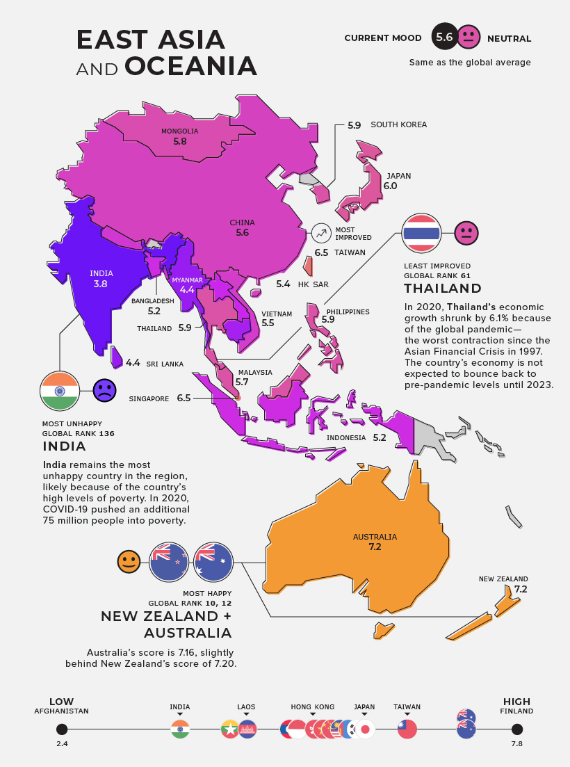 regional map measuring happiness levels in east asia in 2022