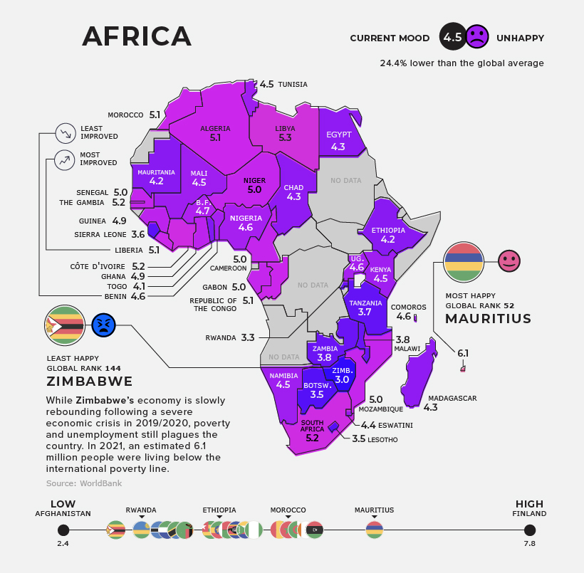 regional map measuring happiness levels in Africa in 2022