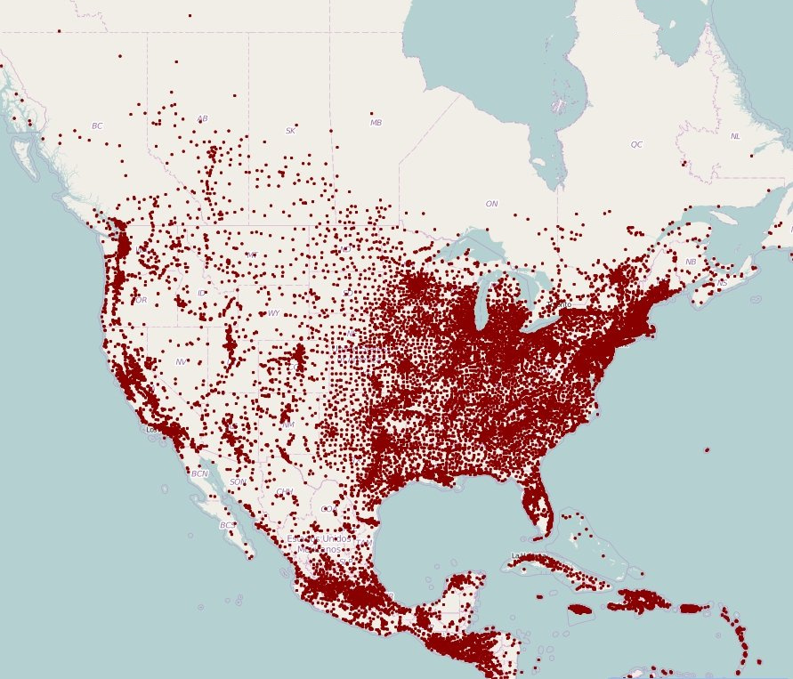 North America population density with dots