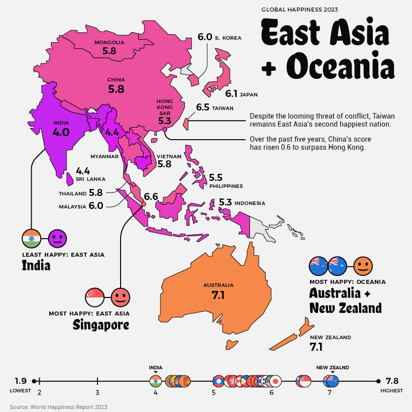 world's happiest countries 2023 - East Asia map