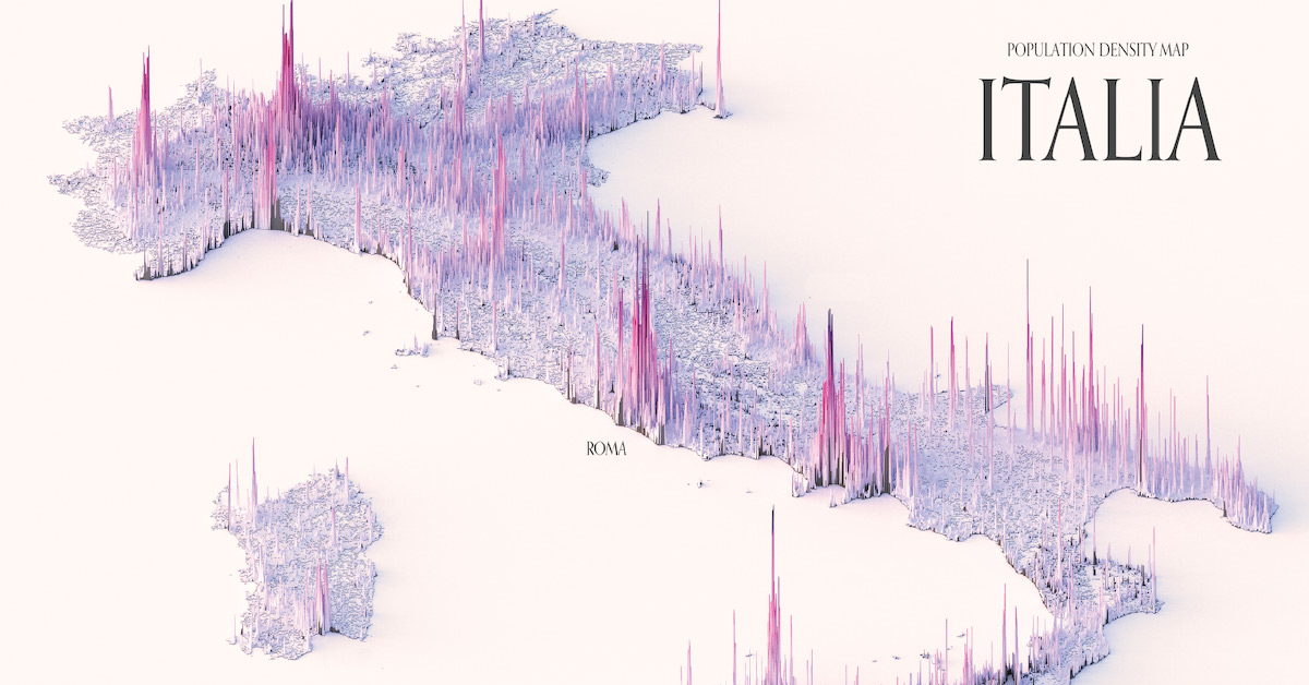 beautifully rendered population density maps of six major countries