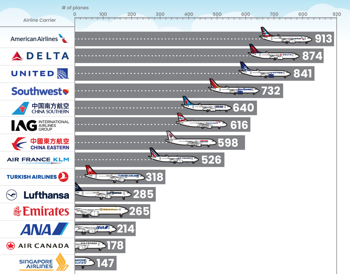 This infographic breaks down the airline fleets of major carriers.